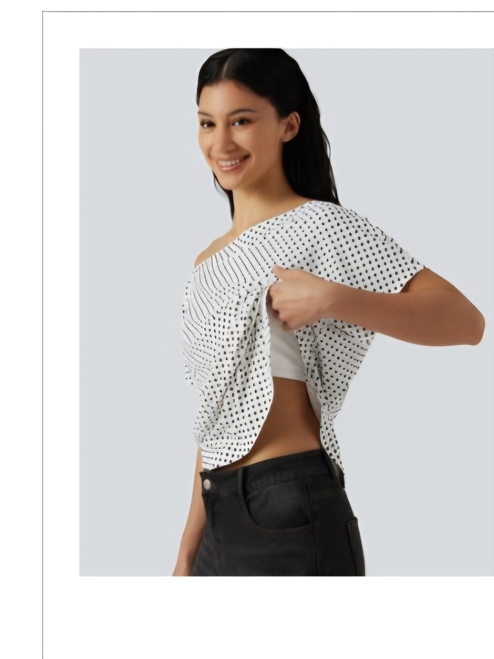 HALARA White One-Shoulder Dot Print Short Sleeve Top